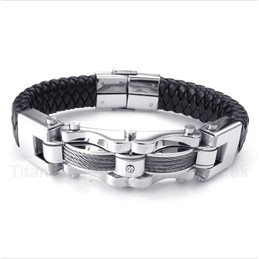 Titanium Cable Diamond Leather Bracelet