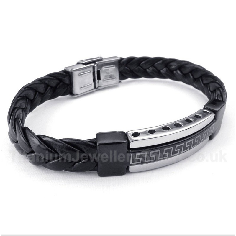 Titanium Greek Meander Pattern Leather Bracelet