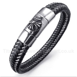 Titanium Black Leather Cable Bracelet