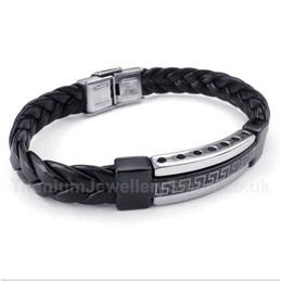 Titanium Greek Meander Pattern Leather Bracelet