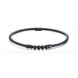 Men's PU Leather Necklace Magnet Lava Stone Leather Black NC441