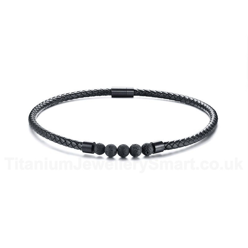 Men's PU Leather Necklace Magnet Lava Stone Leather Black NC441