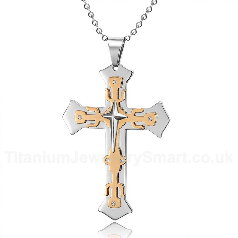 Unisex Titanium Pendant Three Layers Crystal Cross PN-094