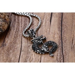 Men's Titanium Pendant 42.5 mm Black Crystal Chinese Dragon PN-711