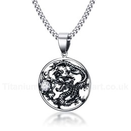 Men's Titanium Pendant Zircon Chinese Dragon Round PN-800S