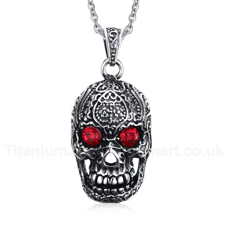 Men's Titanium Pendant Punk Skull Red Crystal PN-554