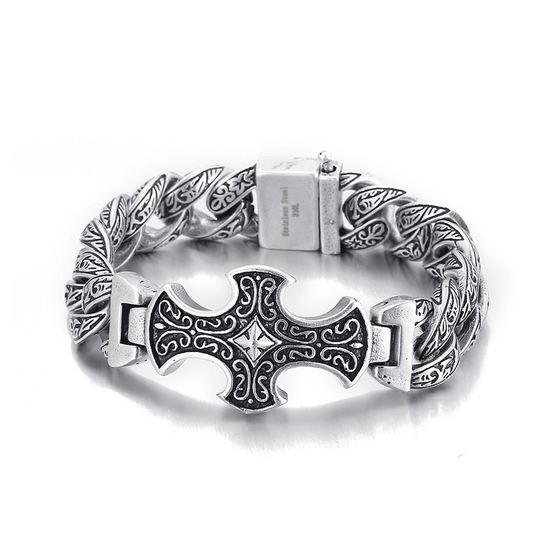 Vintage floral cross men's titanium bracelet