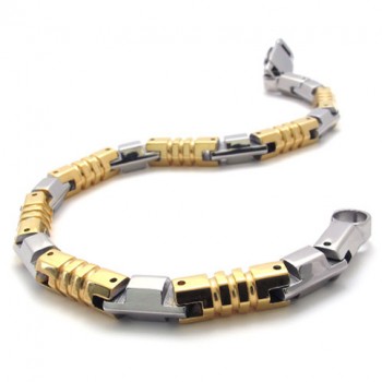 Men's 8.5-Inch Two-Tone Tungsten & Titanium IP Bracelet - Silver & Yellow Gold Tone, Fold-Over Clasp