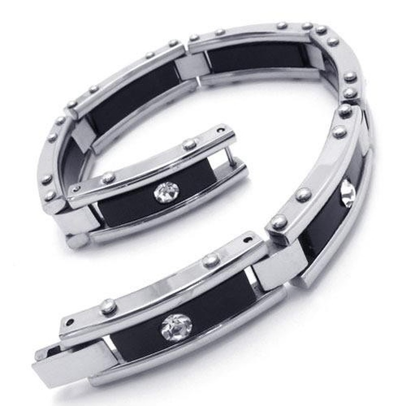 Men Black Silver Pure Titanium Bracelet Rubber Bangle