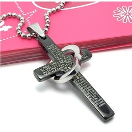 Cool Man Heart Cross Bible Black titanium steel necklace pendant (New)